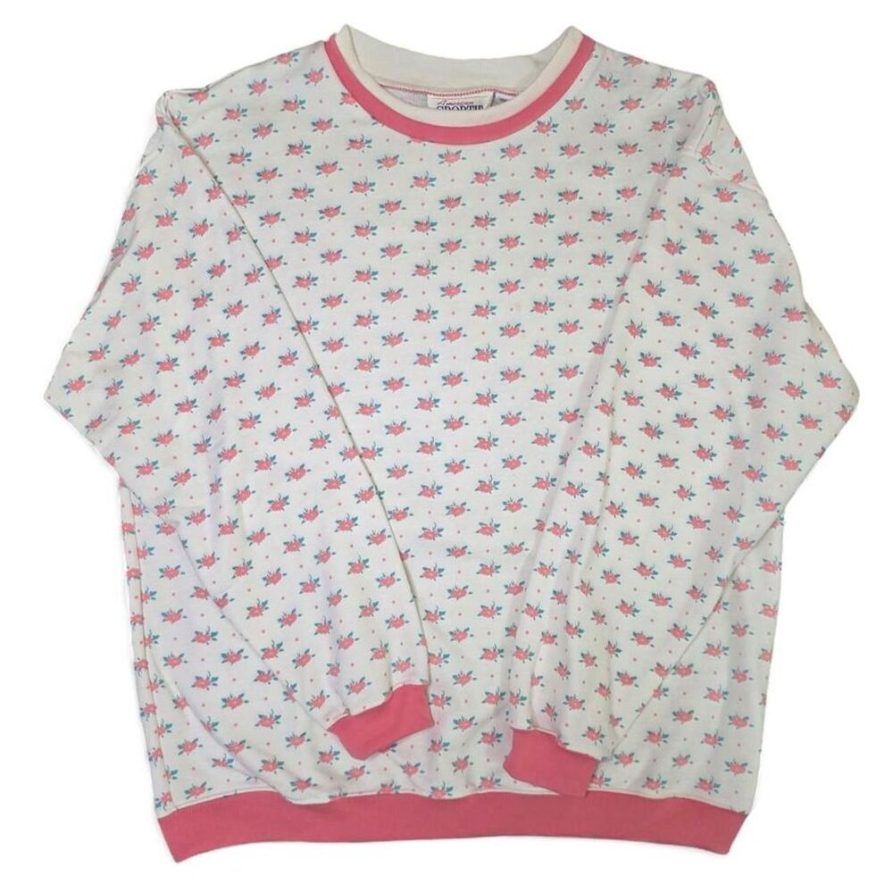 Vintage 80s Pink Floral Crew Neck Sweatshirt Large